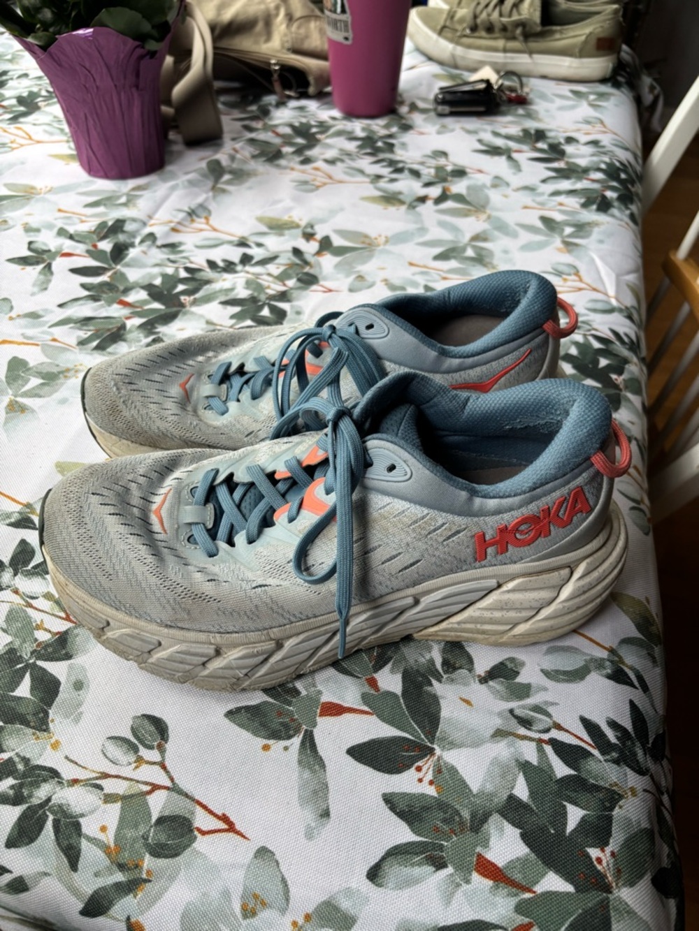Hoka Women's Light Blue Running Shoes with Coral Logos